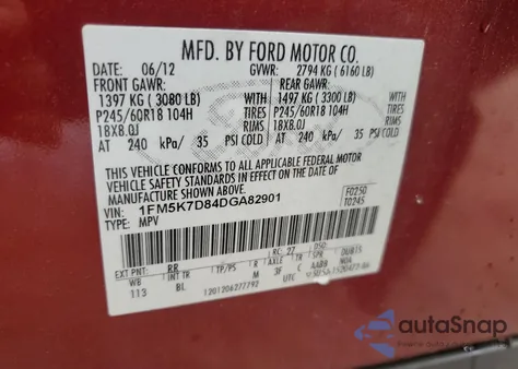 2013 Ford Explorer Xlt из США, поврежденный, VIN 1FM5K7D84DGA82901